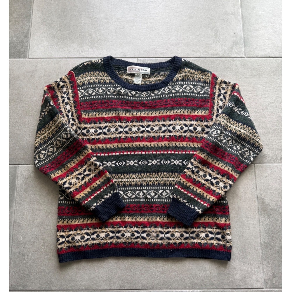 Crystal Kobe Vintage Fair Isle Sweater Ramie Wool Blend Navy Green Red Womens M